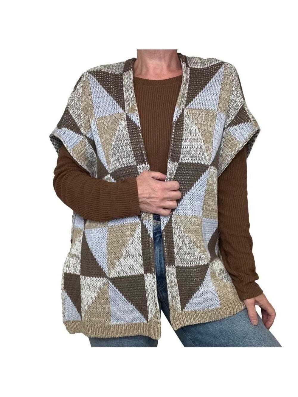 VINTAGE Women's Sleeveless Cardigan Sweater Vest O/S Tan Beige Periwinkle